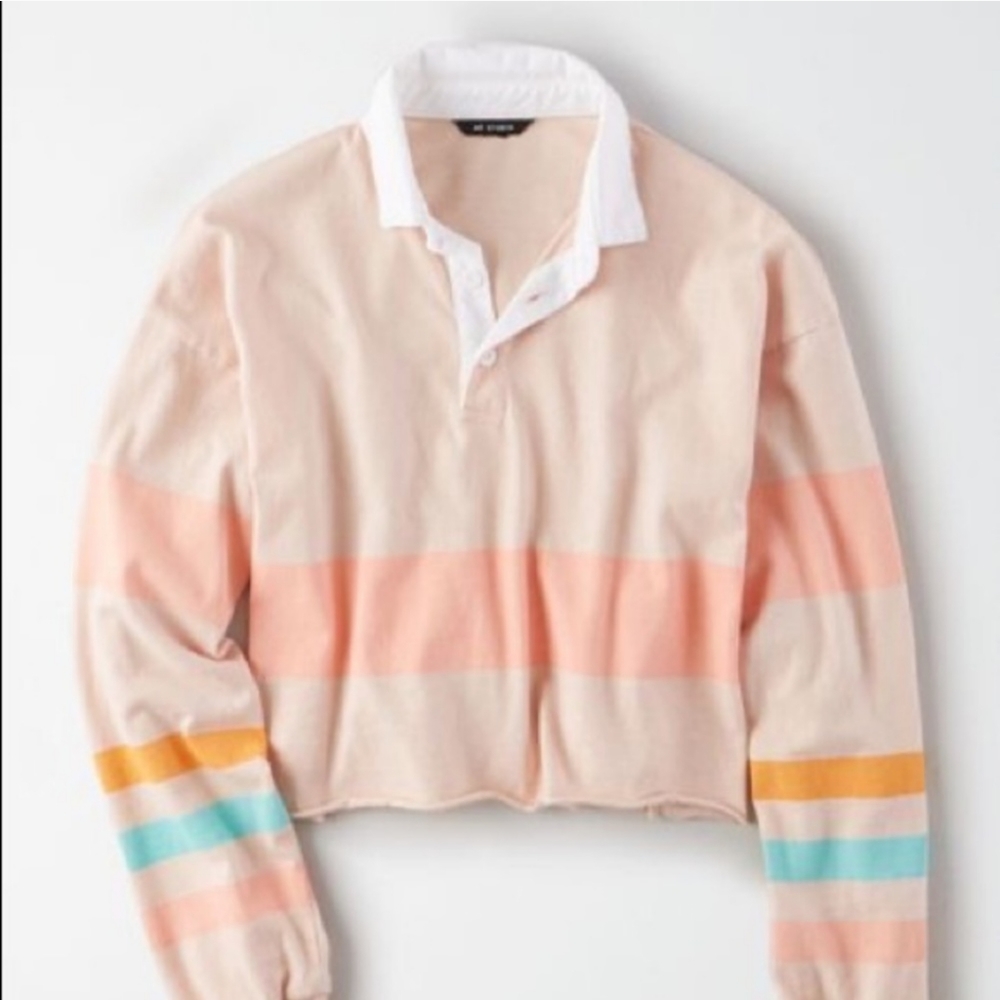 AE Studio American Eagle Crop Polo Long Sleeve Shirt Striped Size Small
